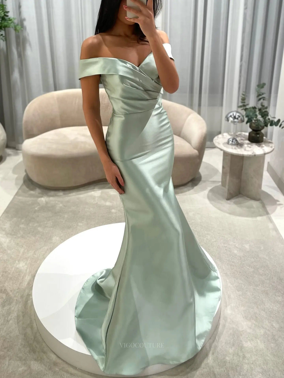 Sage Green Satin Mermaid Prom Dress with Ruched Off-Shoulder Bodice and Detachable Overskirt - P26042