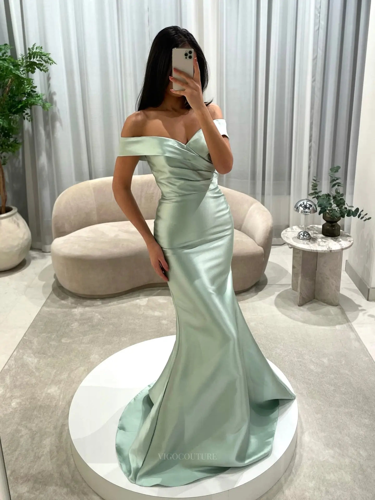 Sage Green Satin Mermaid Prom Dress with Ruched Off-Shoulder Bodice and Detachable Overskirt - P26042