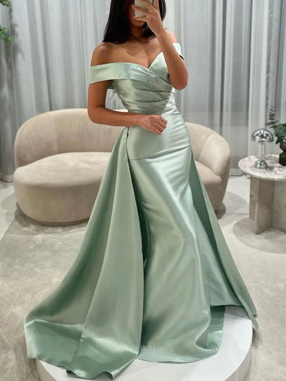 Sage Green Satin Mermaid Prom Dress with Ruched Off-Shoulder Bodice and Detachable Overskirt - P26042