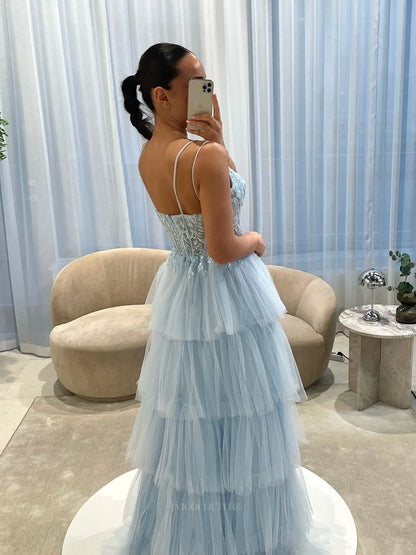 Romantic Floral Lace Corset A-Line Prom Dress with Tiered Tulle Skirt & Spaghetti Strap - P26043