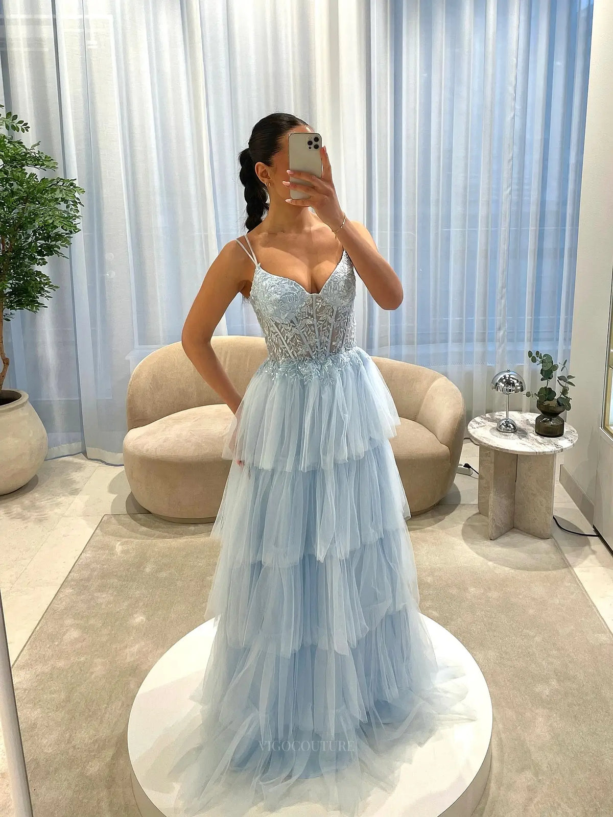 Romantic Floral Lace Corset A-Line Prom Dress with Tiered Tulle Skirt & Spaghetti Strap - P26043