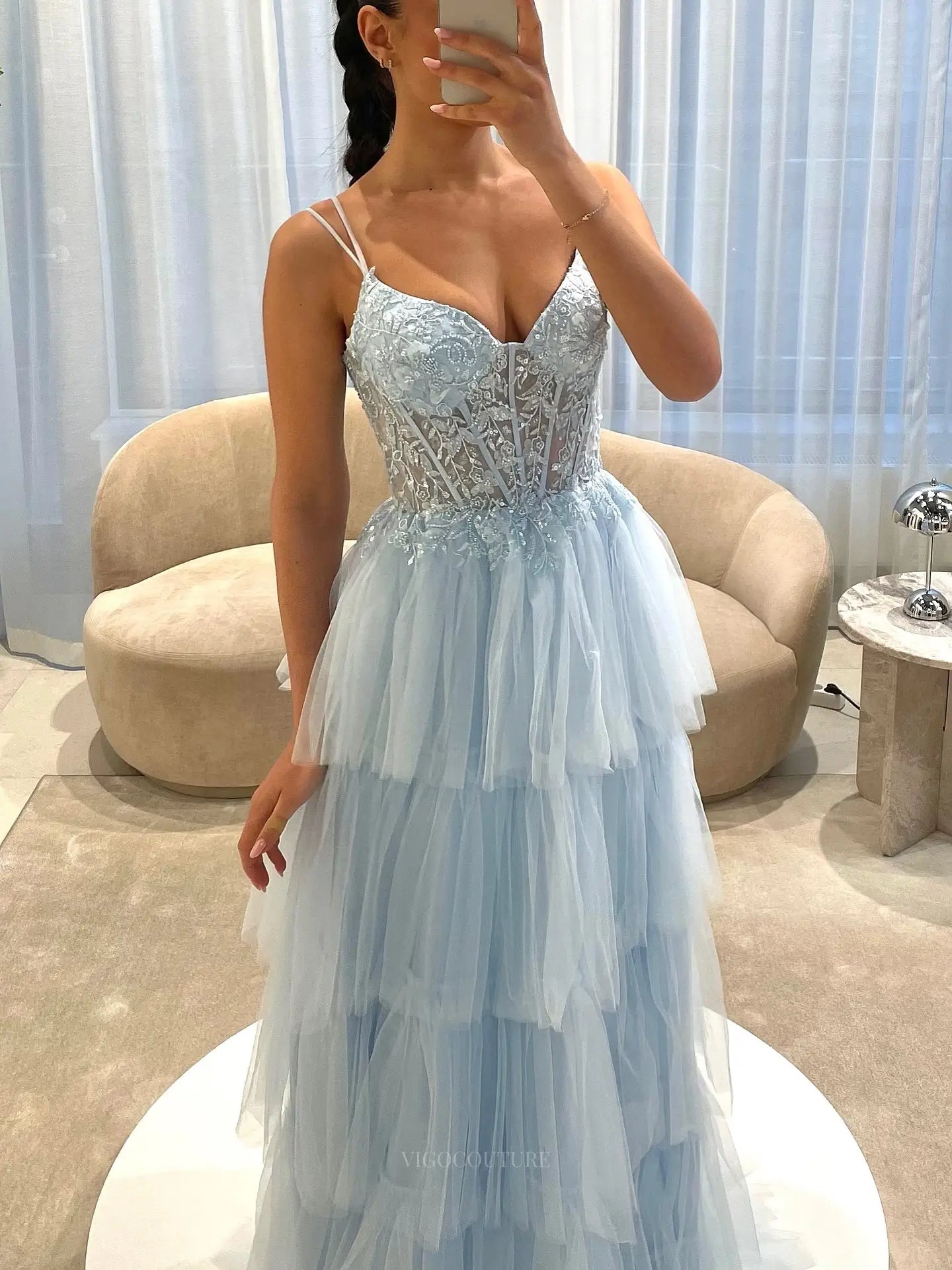 Romantic Floral Lace Corset A-Line Prom Dress with Tiered Tulle Skirt & Spaghetti Strap - P26043