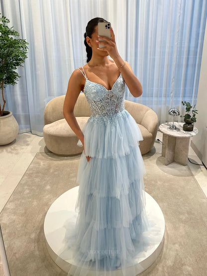 Romantic Floral Lace Corset A-Line Prom Dress with Tiered Tulle Skirt & Spaghetti Strap - P26043