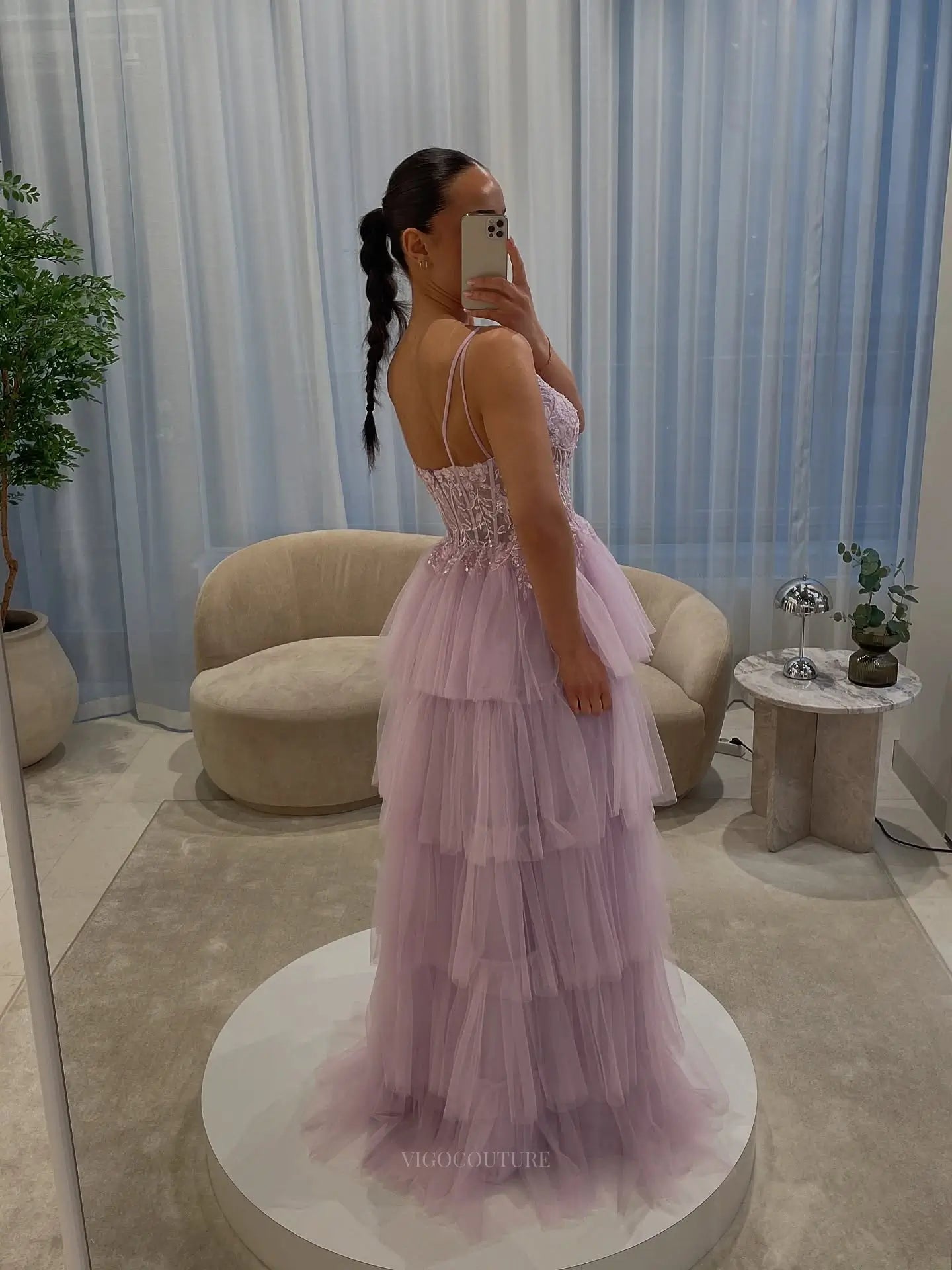 Romantic Floral Lace Corset A-Line Prom Dress with Tiered Tulle Skirt & Spaghetti Strap - P26043