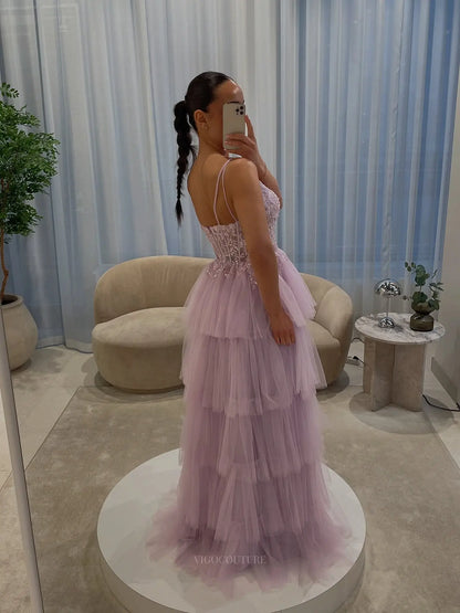 Romantic Floral Lace Corset A-Line Prom Dress with Tiered Tulle Skirt & Spaghetti Strap - P26043