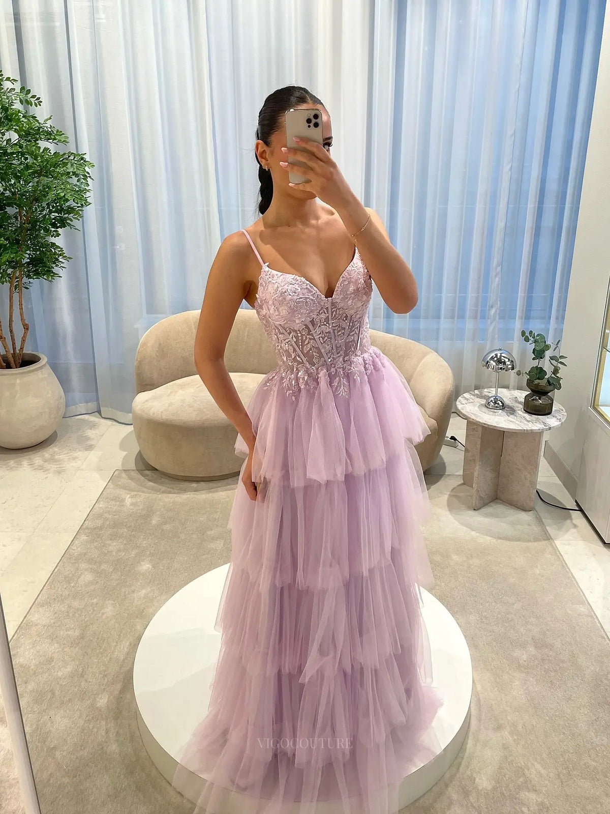 Romantic Floral Lace Corset A-Line Prom Dress with Tiered Tulle Skirt & Spaghetti Strap - P26043