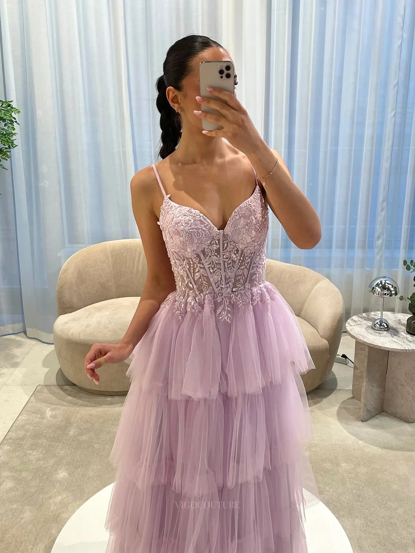 Romantic Floral Lace Corset A-Line Prom Dress with Tiered Tulle Skirt & Spaghetti Strap - P26043