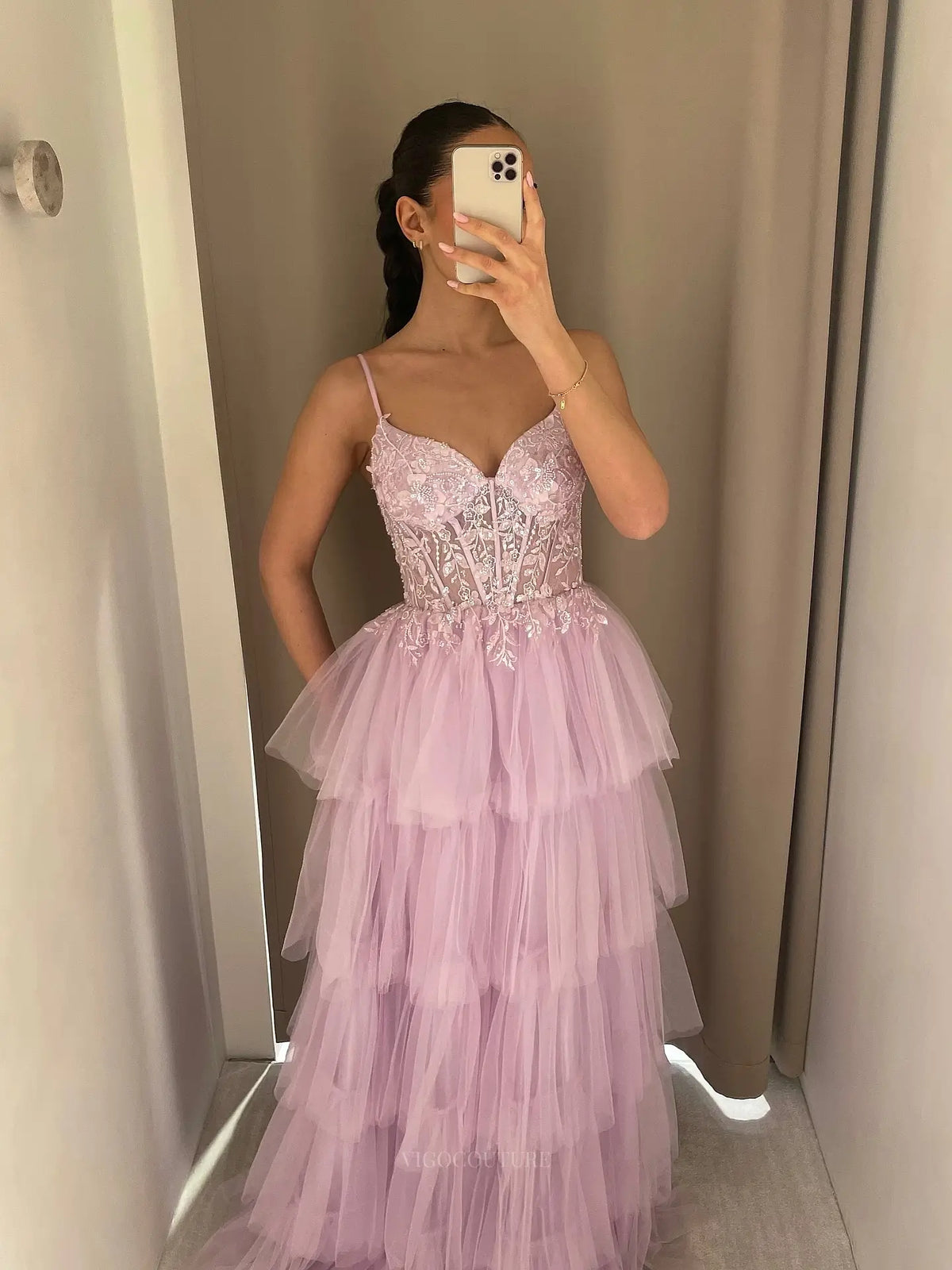 Romantic Floral Lace Corset A-Line Prom Dress with Tiered Tulle Skirt & Spaghetti Strap - P26043