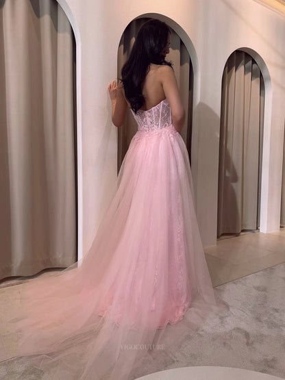 Blush Pink Lace Mermaid Prom Dress with Strapless Sheer Corset and Detachable Tulle Overskirt - P26044