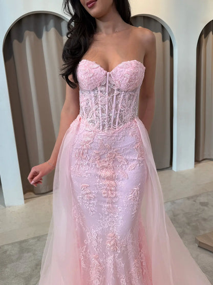 Blush Pink Lace Mermaid Prom Dress with Strapless Sheer Corset and Detachable Tulle Overskirt - P26044