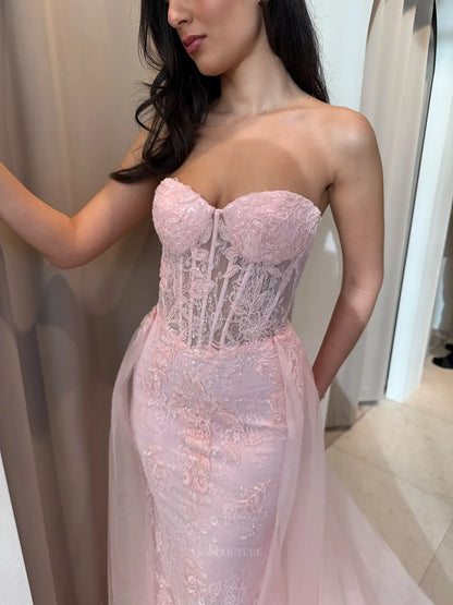 Blush Pink Lace Mermaid Prom Dress with Strapless Sheer Corset and Detachable Tulle Overskirt - P26044