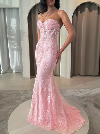 Blush Pink Lace Mermaid Prom Dress with Strapless Sheer Corset and Detachable Tulle Overskirt - P26044