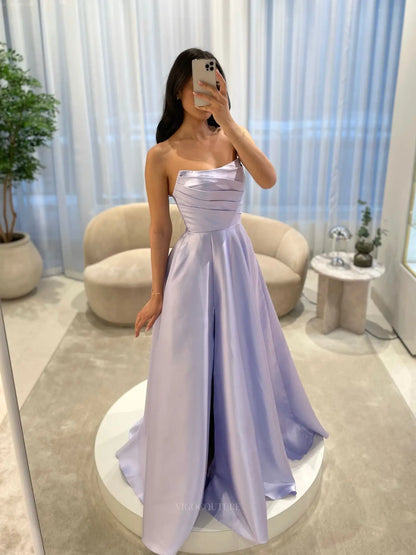 Elegant Satin A-Line Prom Dress with Strapless Asymmetric Neckline and Pleated Bodice - P26045
