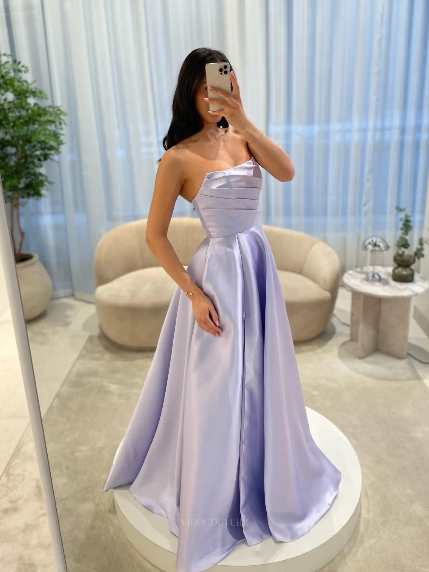 Elegant Satin A-Line Prom Dress with Strapless Asymmetric Neckline and Pleated Bodice - P26045