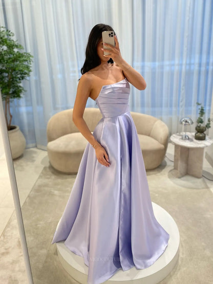 Elegant Satin A-Line Prom Dress with Strapless Asymmetric Neckline and Pleated Bodice - P26045