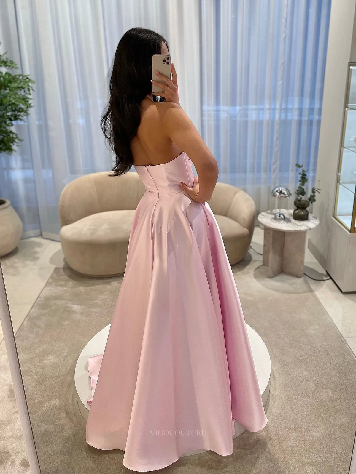 Elegant Satin A-Line Prom Dress with Strapless Asymmetric Neckline and Pleated Bodice - P26045