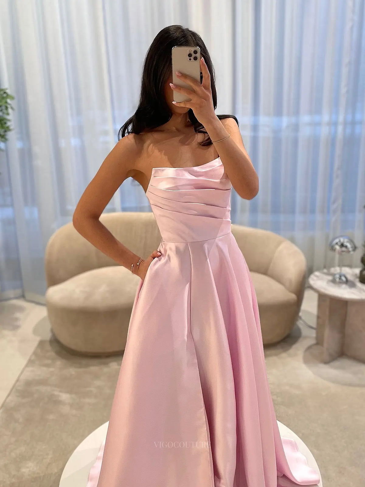 Elegant Satin A-Line Prom Dress with Strapless Asymmetric Neckline and Pleated Bodice - P26045