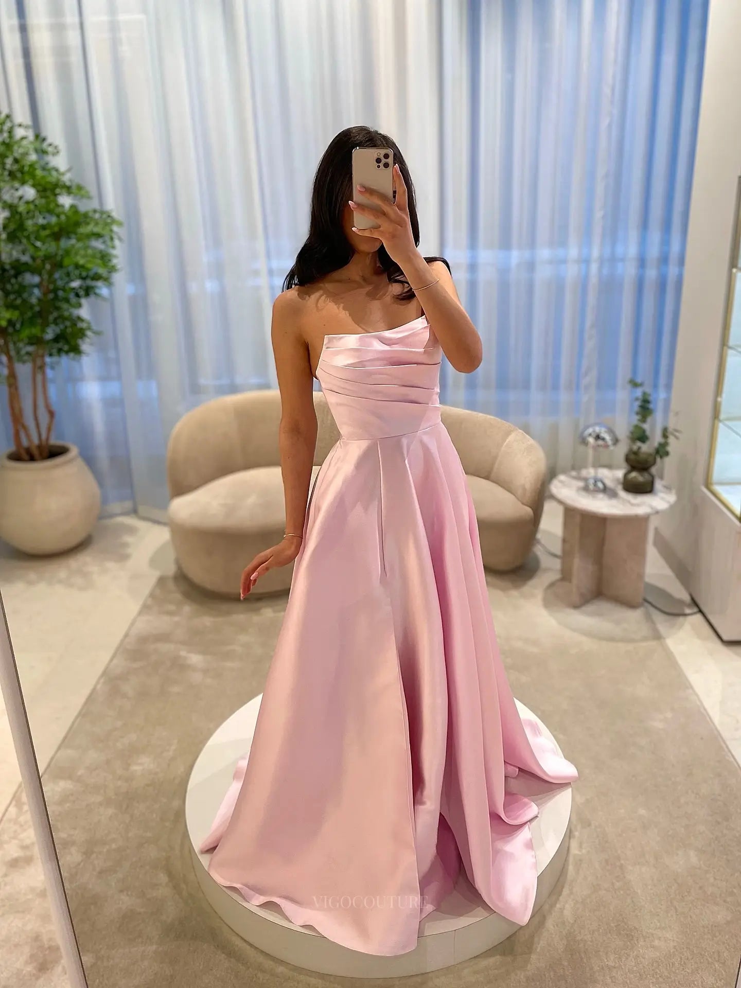 Elegant Satin A-Line Prom Dress with Strapless Asymmetric Neckline and Pleated Bodice - P26045