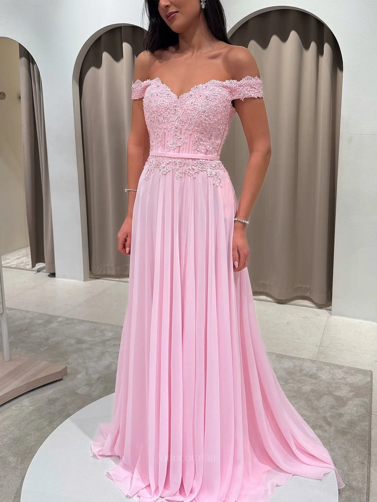 Romantic Off-Shoulder Lace A-Line Prom Dress with Sweetheart Neckline, Chiffon Skirt and High Slit - P26047