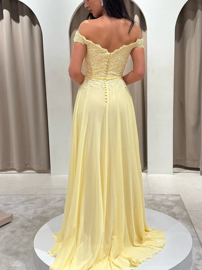 Romantic Off-Shoulder Lace A-Line Prom Dress with Sweetheart Neckline, Chiffon Skirt and High Slit - P26047