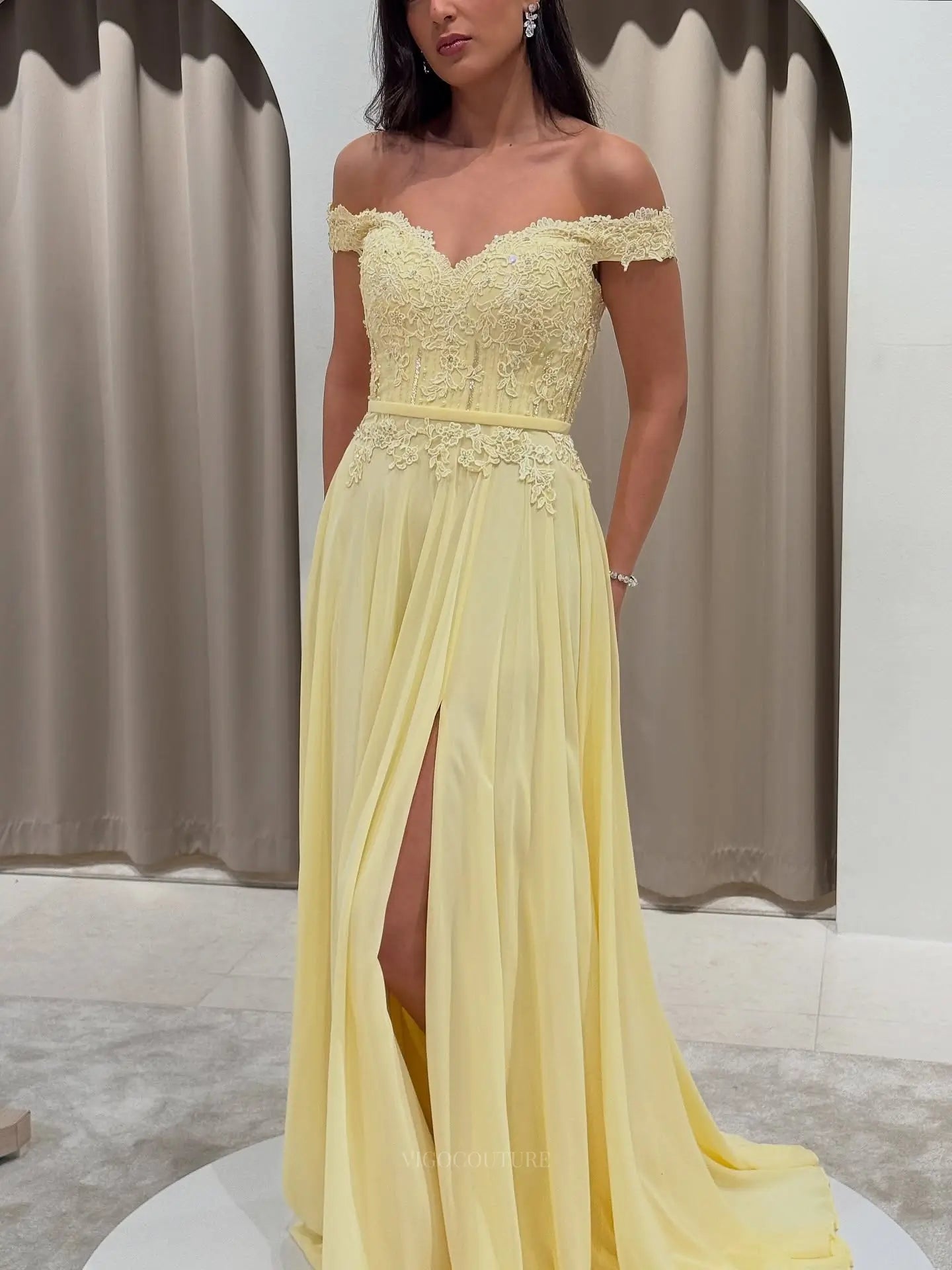 Romantic Off-Shoulder Lace A-Line Prom Dress with Sweetheart Neckline, Chiffon Skirt and High Slit - P26047