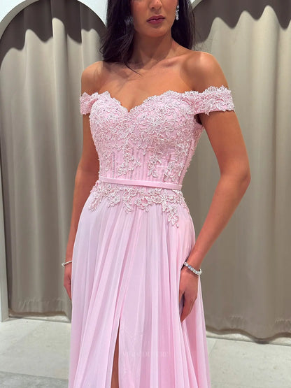 Romantic Off-Shoulder Lace A-Line Prom Dress with Sweetheart Neckline, Chiffon Skirt and High Slit - P26047