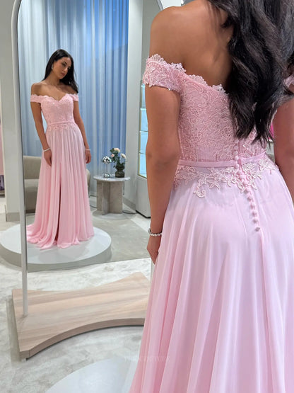 Romantic Off-Shoulder Lace A-Line Prom Dress with Sweetheart Neckline, Chiffon Skirt and High Slit - P26047