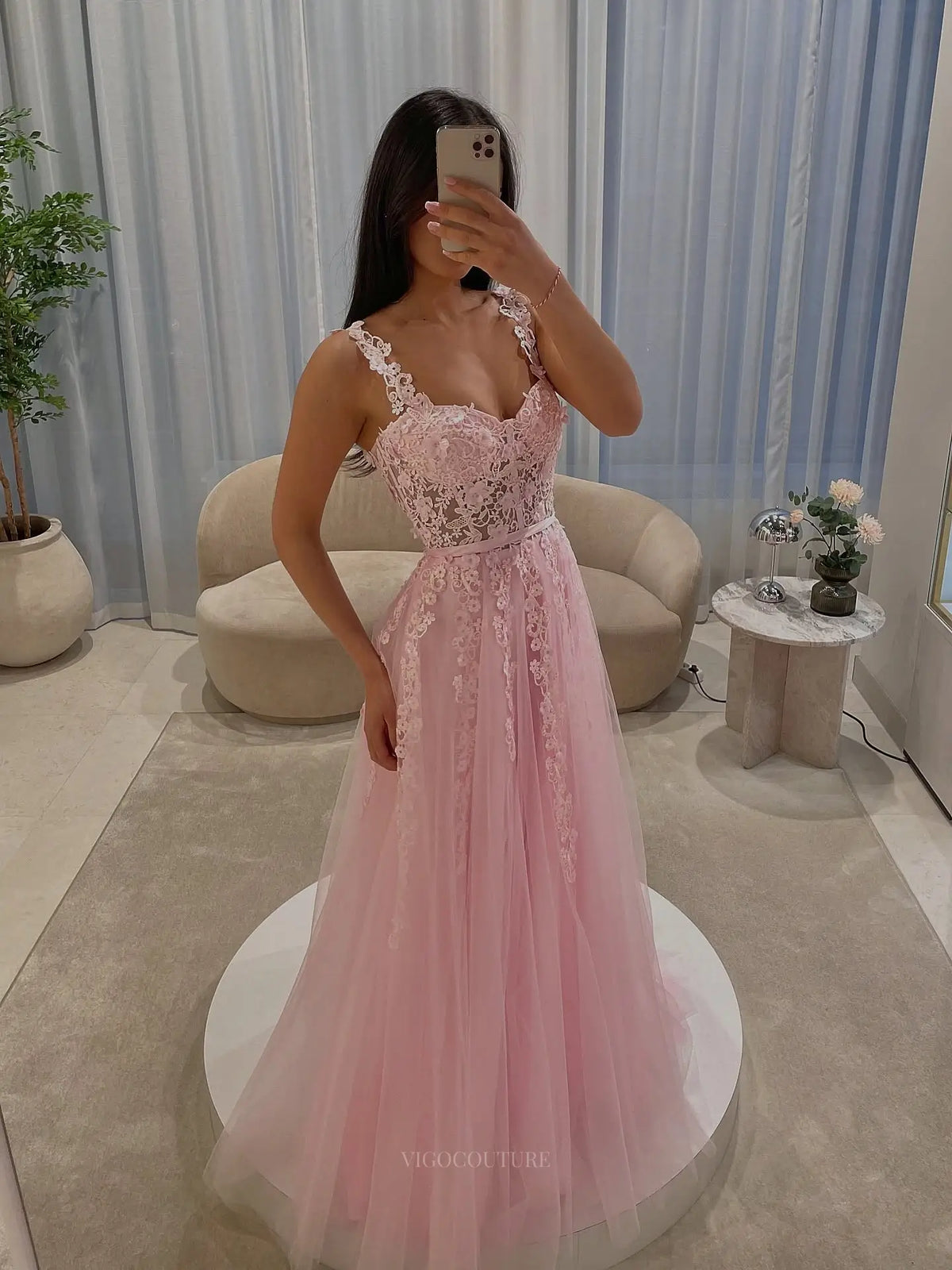 Enchanting Floral Lace A-Line Prom Dress with Sheer Corset Bodice and Tulle Skirt - P26048