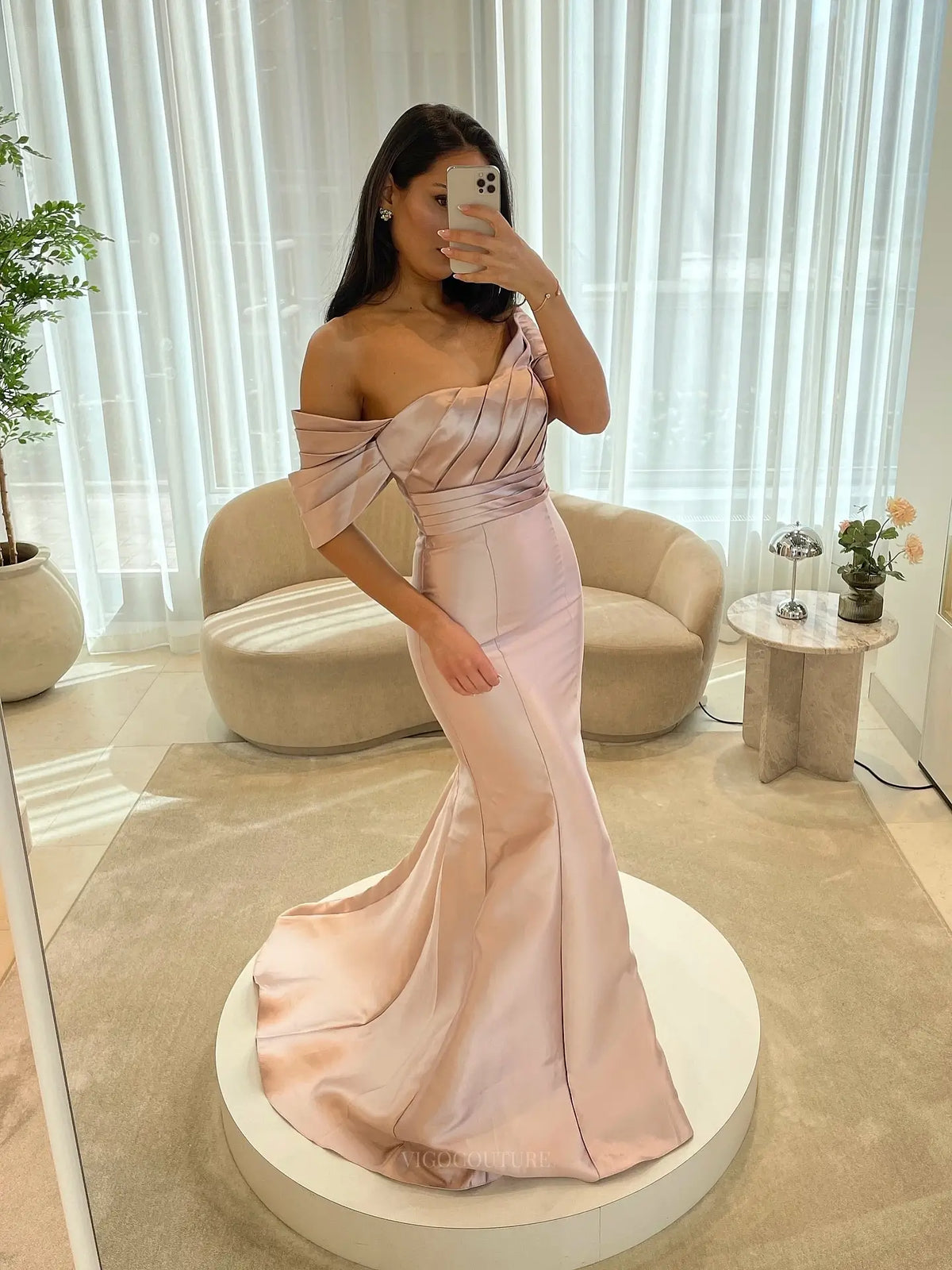 Sophisticated Asymmetric Satin Mermaid Prom Dress with Sculptural Pleated Bodice - P26049
