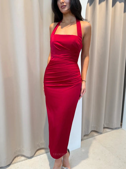 Sleek Halter Satin Midi Prom Dress with Square Neckline, Ruched Bodice and Open Back - P26051