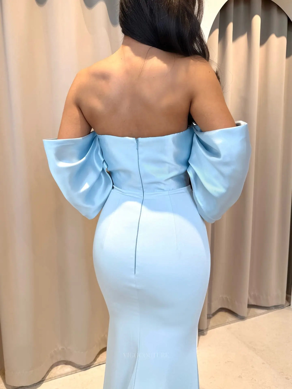 Light Blue Off-Shoulder Satin Mermaid Prom Dress with Sculptural Draped Sleeves - P26052