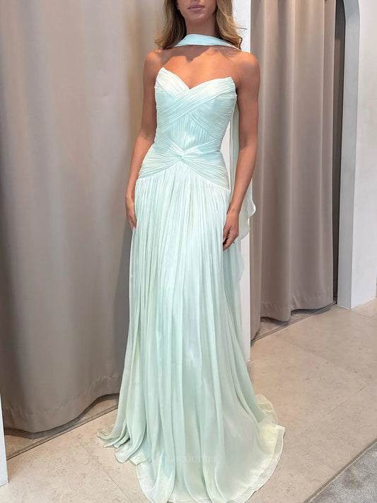 Romantic Strapless Pleated Chiffon Prom Dress with Ruched Drop Waist and Neck Scarf - P26053
