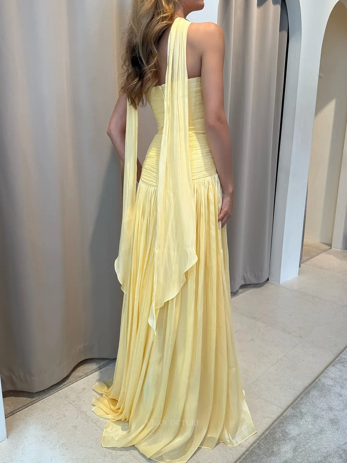 Romantic Strapless Pleated Chiffon Prom Dress with Ruched Drop Waist and Neck Scarf - P26053