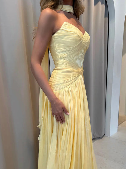 Romantic Strapless Pleated Chiffon Prom Dress with Ruched Drop Waist and Neck Scarf - P26053