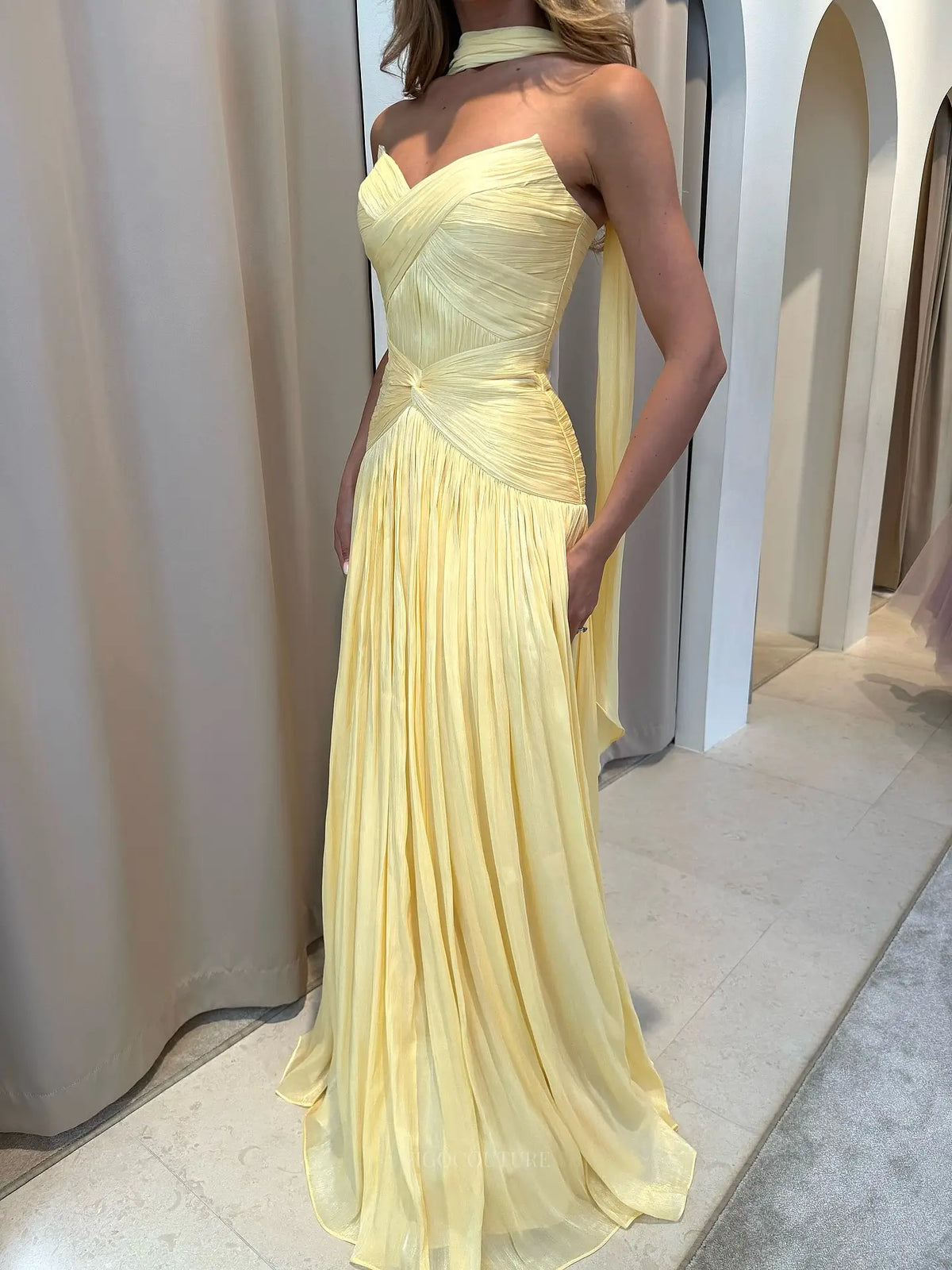 Romantic Strapless Pleated Chiffon Prom Dress with Ruched Drop Waist and Neck Scarf - P26053