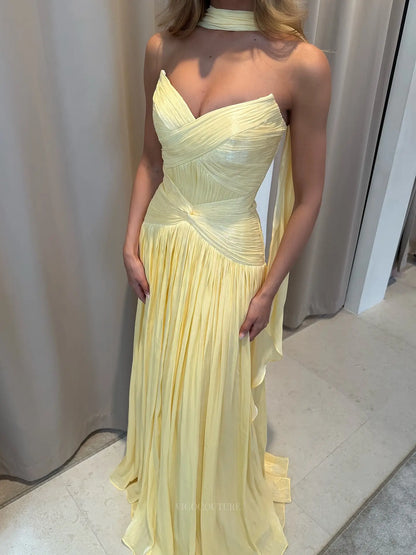 Romantic Strapless Pleated Chiffon Prom Dress with Ruched Drop Waist and Neck Scarf - P26053