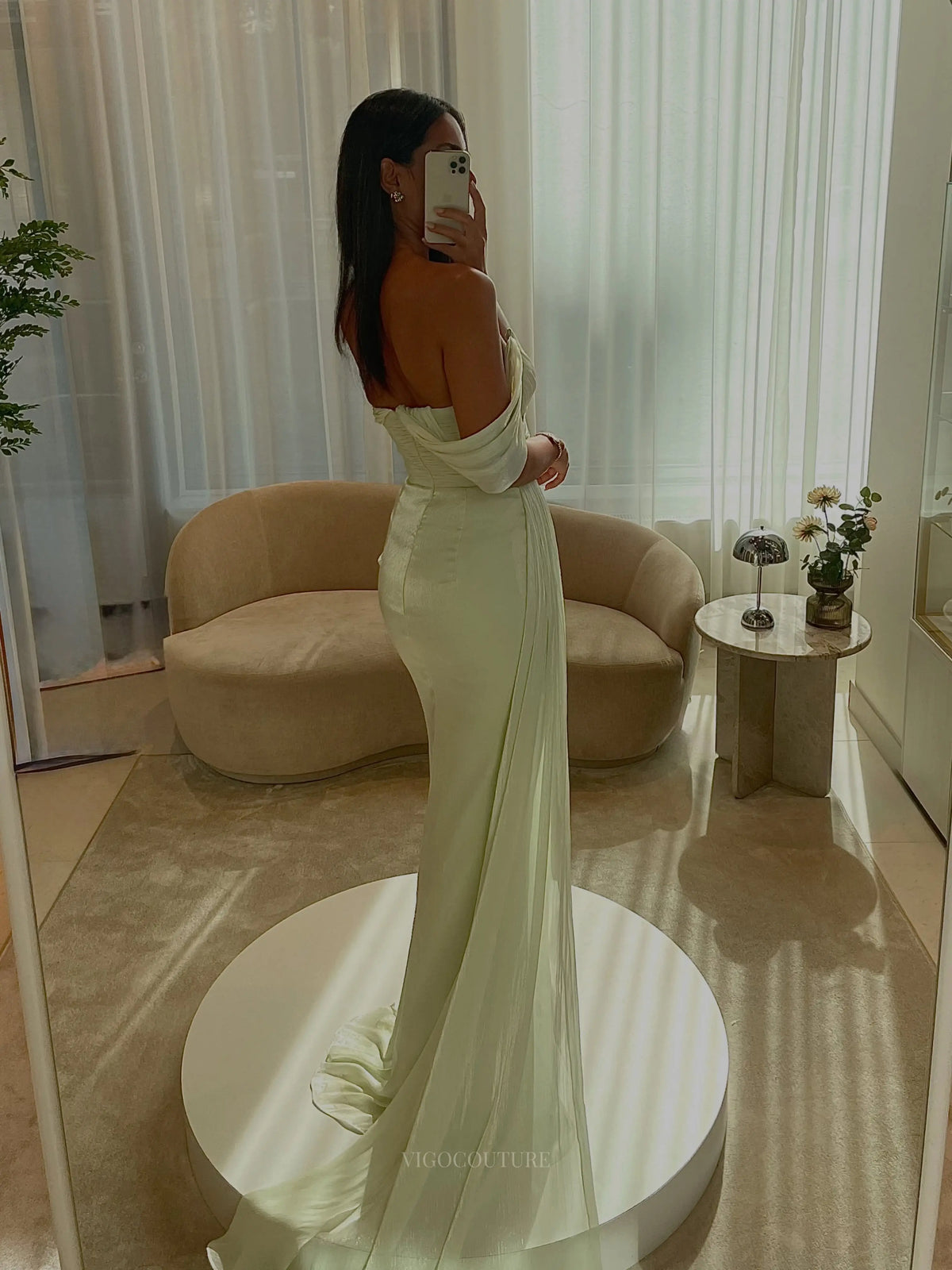 Sophisticated Off-Shoulder Chiffon Column Prom Dress with Ruched Bodice, High Slit and Draped Train - P26054