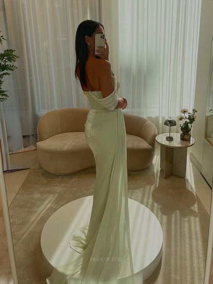Sophisticated Off-Shoulder Chiffon Column Prom Dress with Ruched Bodice, High Slit and Draped Train - P26054