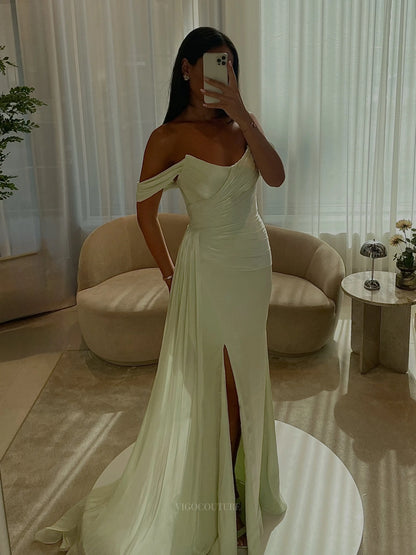 Sophisticated Off-Shoulder Chiffon Column Prom Dress with Ruched Bodice, High Slit and Draped Train - P26054