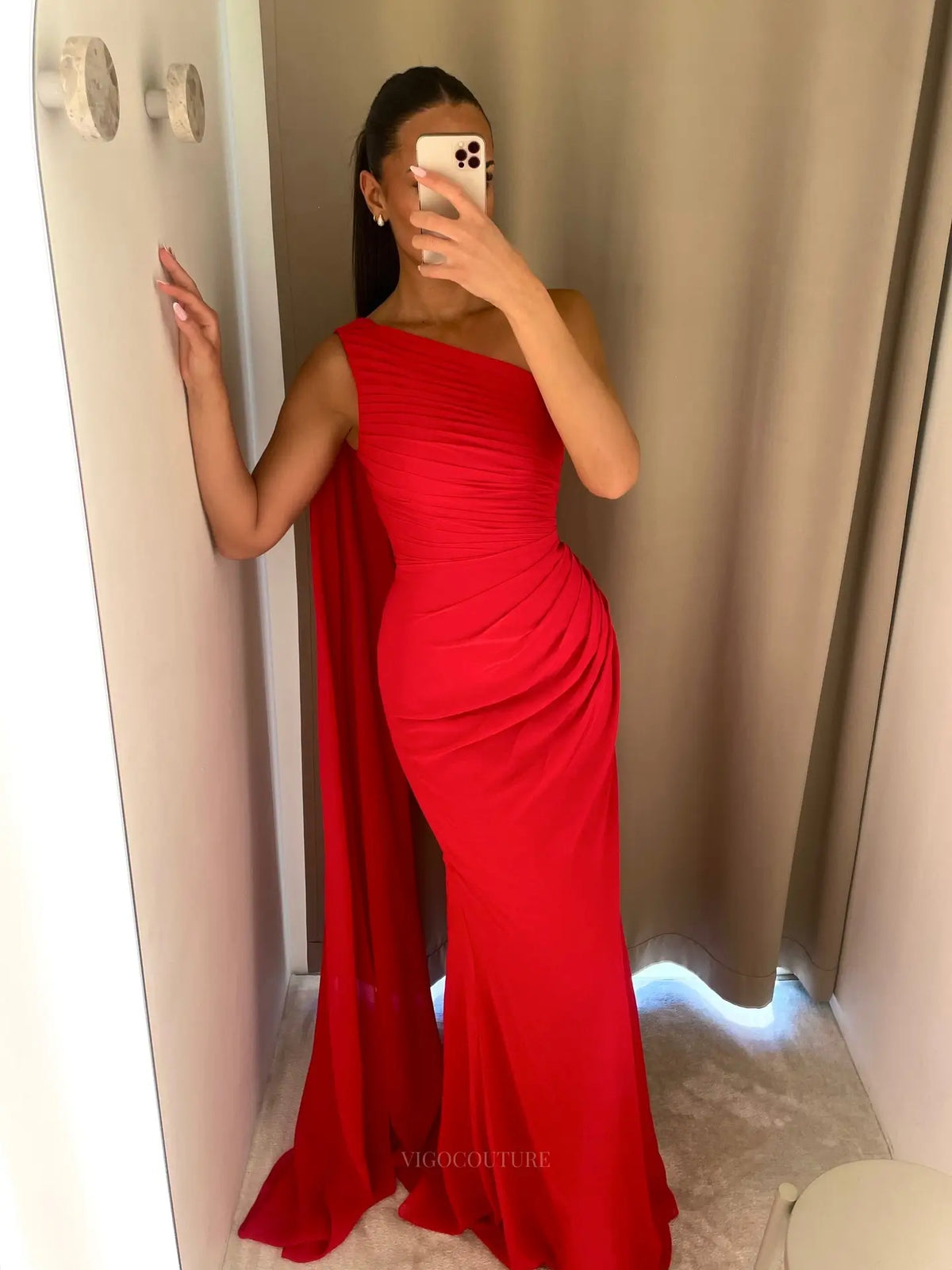 Bold Red One-Shoulder Ruched Prom Dress with Long Draped Sash - P26055