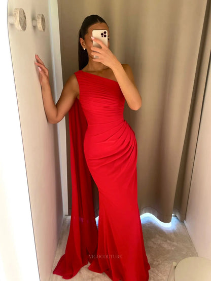 Bold Red One-Shoulder Ruched Prom Dress with Long Draped Sash - P26055
