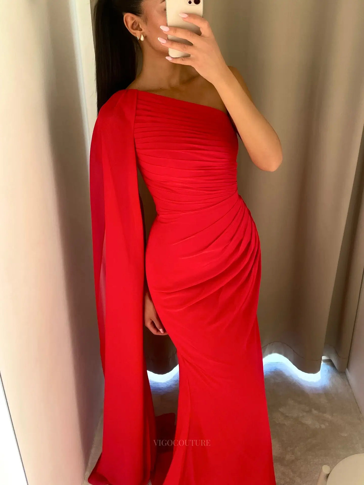 Bold Red One-Shoulder Ruched Prom Dress with Long Draped Sash - P26055