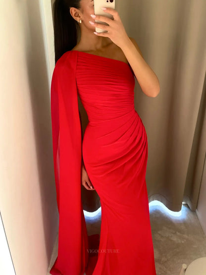Bold Red One-Shoulder Ruched Prom Dress with Long Draped Sash - P26055