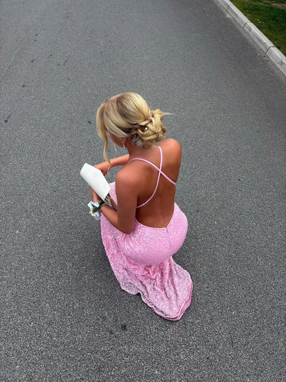 Glamorous Sequin Mermaid Prom Dress with Plunging V-Neck, Open Back and Crisscross Straps - P26056
