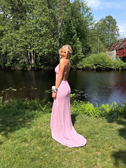 Glamorous Sequin Mermaid Prom Dress with Plunging V-Neck, Open Back and Crisscross Straps - P26056