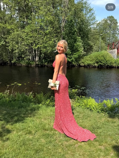 Glamorous Sequin Mermaid Prom Dress with Plunging V-Neck, Open Back and Crisscross Straps - P26056