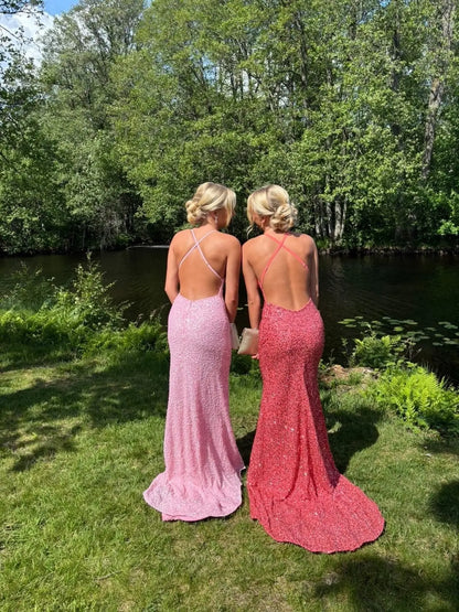 Glamorous Sequin Mermaid Prom Dress with Plunging V-Neck, Open Back and Crisscross Straps - P26056