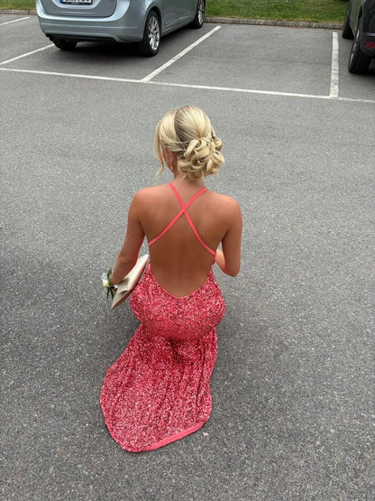 Glamorous Sequin Mermaid Prom Dress with Plunging V-Neck, Open Back and Crisscross Straps - P26056