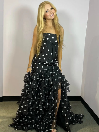 Playful Black Polka Dot Strapless Prom Dress with Tiered Ruffle Skirt and High Slit - P26057