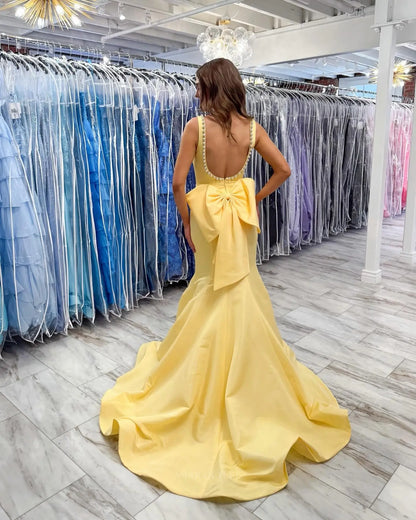 Yellow Satin Mermaid Prom Dress with Pearl Trim, Low Back and Oversized Bow - P26058